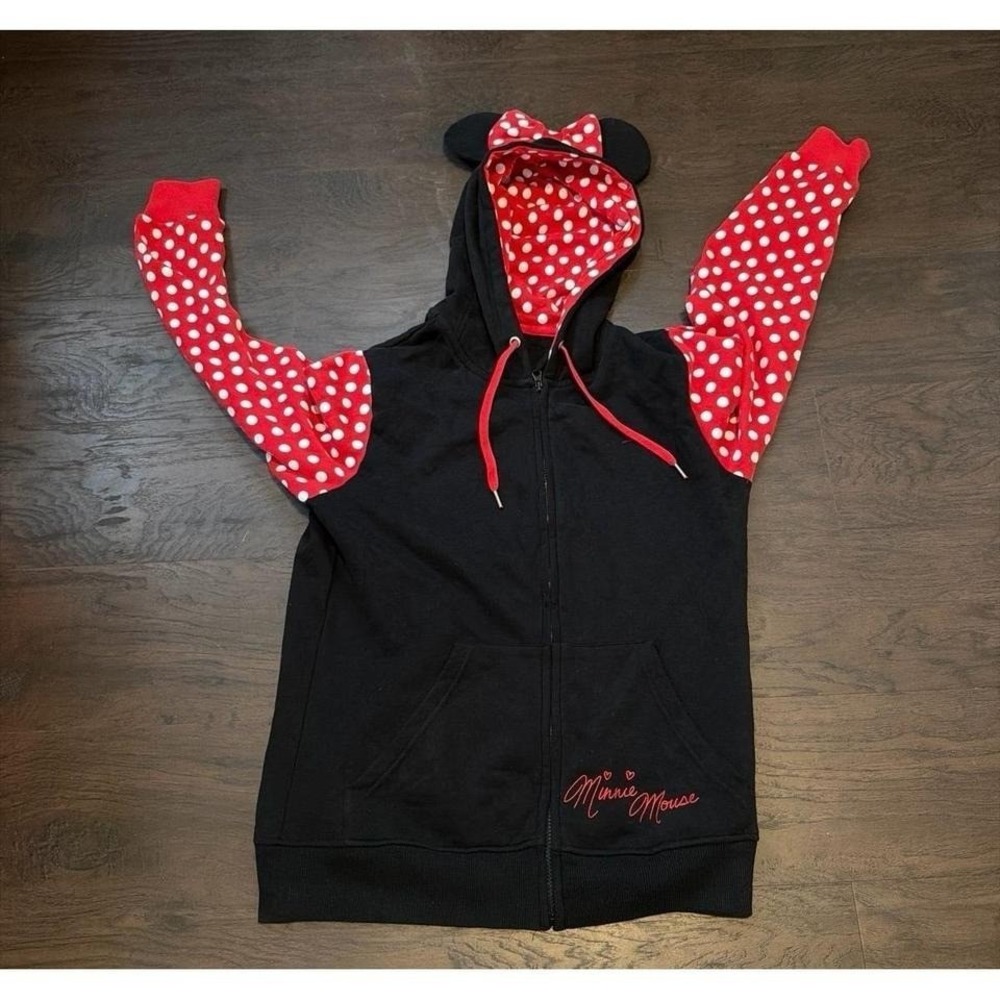 Disney Parks Minnie Mouse Hoodie Womens Large Black Zip Up